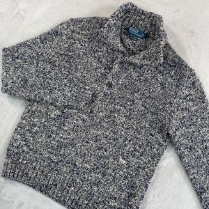 VTG Polo Ralph Lauren Mens Medium Shawl Collar Sweater Marled Blue Chunky Knit M